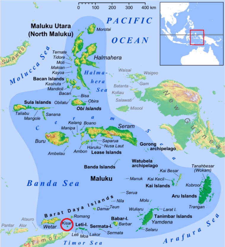  **Gambar 2.** Lokasi Pulau Kisar (lingkaran merah) di Peta Provinsi Maluku.