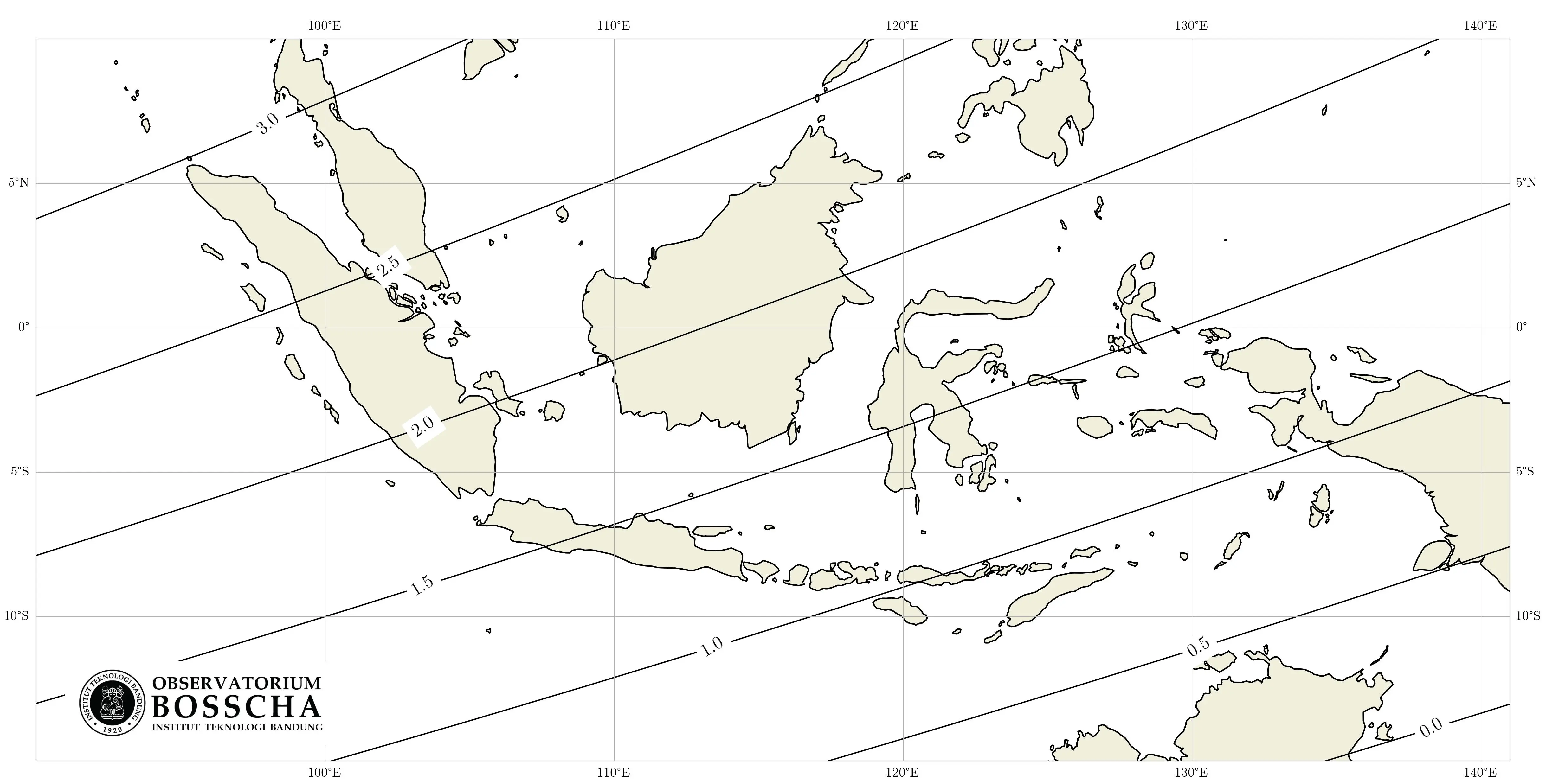 **Gambar 3.** Peta Ketinggian Toposentris Bulan saat Matahari Terbenam pada hari Rabu, 29 Juni 2022