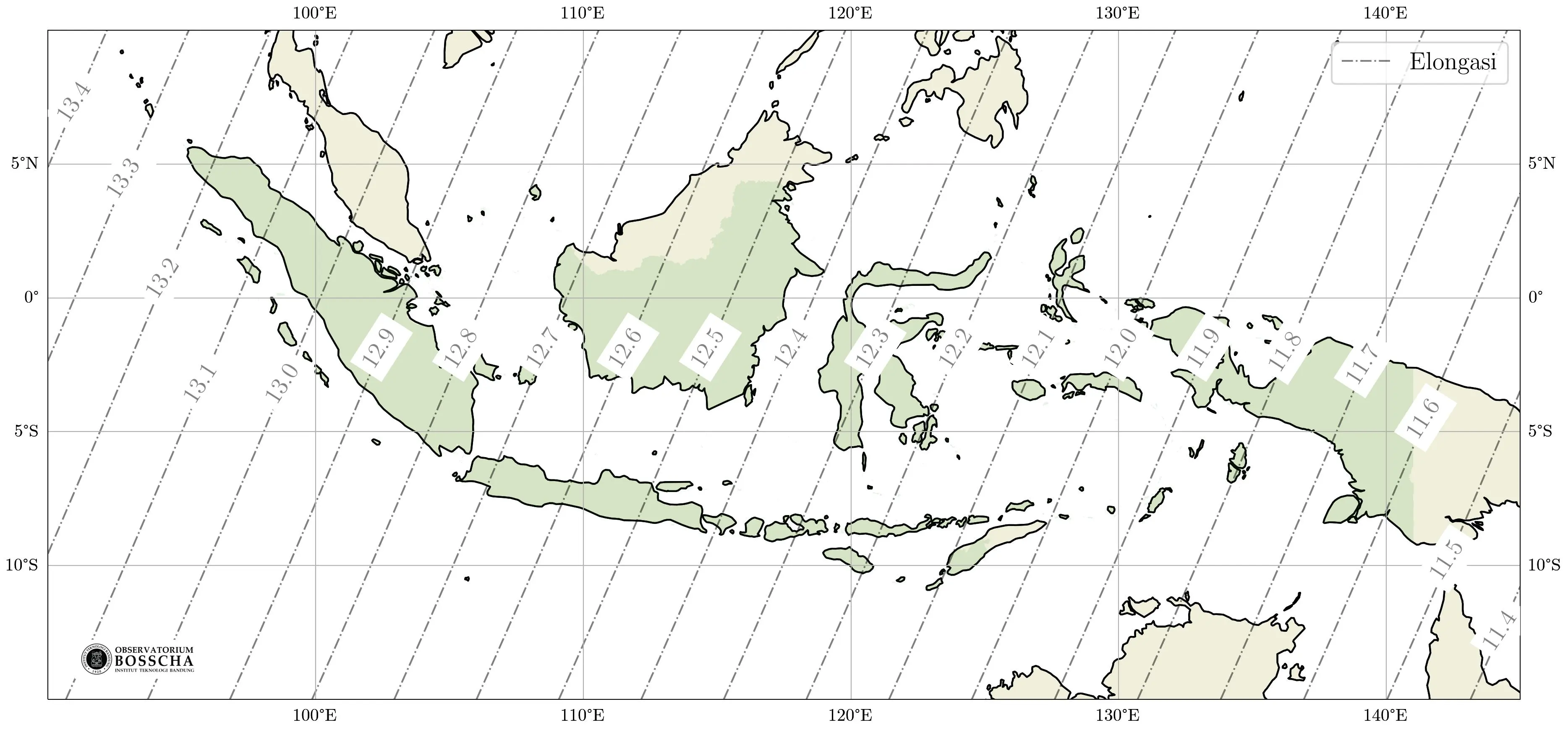 **Gambar 2.** Peta Elongasi geosentrik Bulan dan Matahari saat Matahari terbenam pada Jumat, 7 Juni 2024