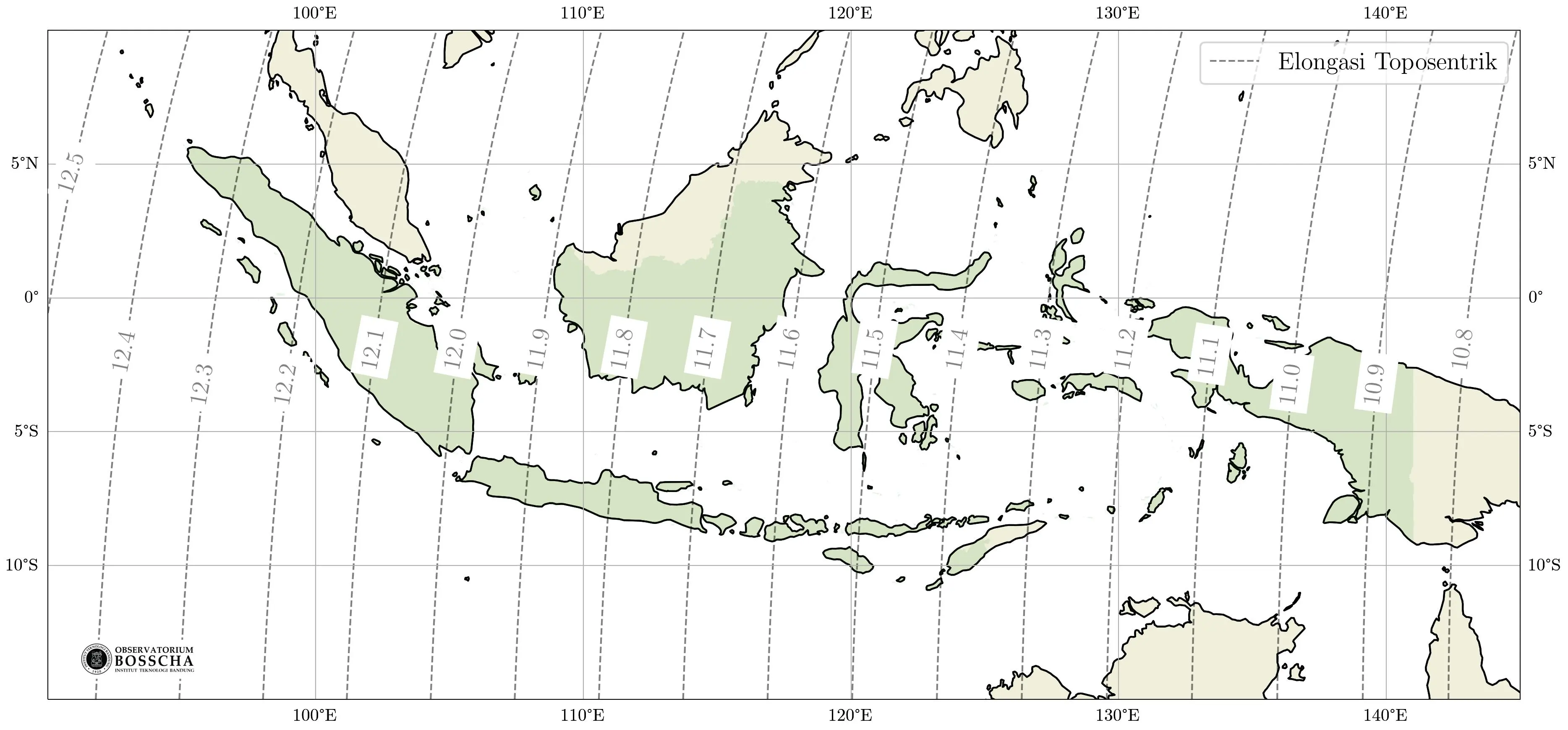 **Gambar 3.** Peta Elongasi toposentrik Bulan dan Matahari saat Matahari terbenam pada Jumat, 7 Juni 2024