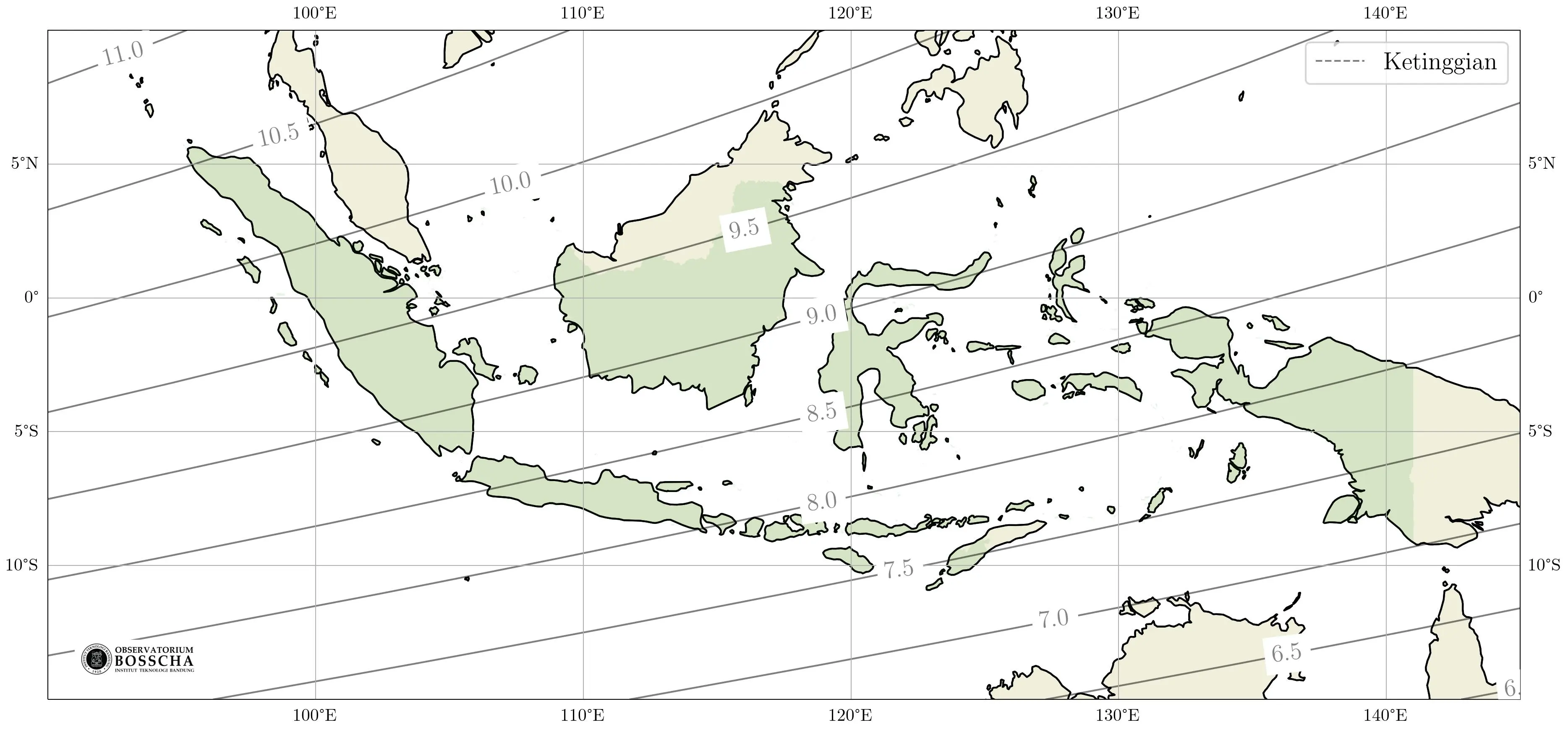 **Gambar 4.** Peta Ketinggian Bulan saat Matahari terbenam pada Jumat, 7 Juni 2024