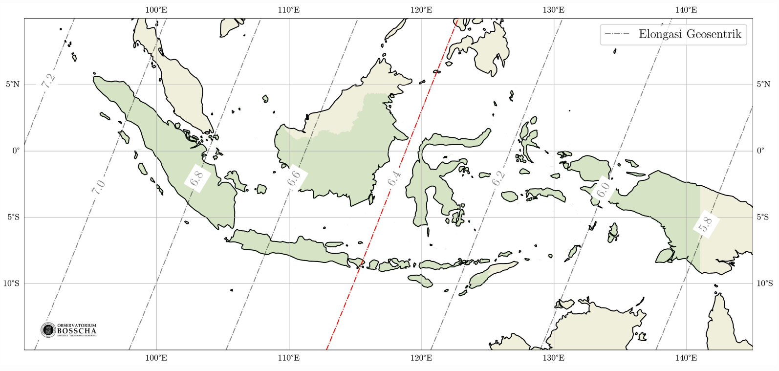 **Gambar 2.** Peta Elongasi geosentrik Bulan saat Matahari terbenam pada Selasa, 27 Mei 2025.
