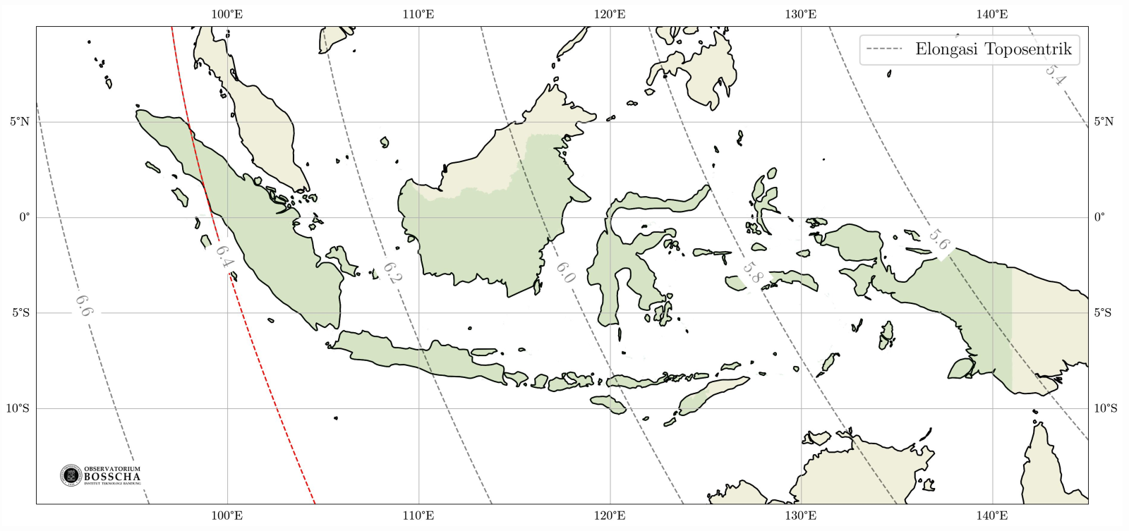 **Gambar 3.** Peta Elongasi toposentrik Bulan saat Matahari terbenam pada Selasa, 27 Mei 2025.
