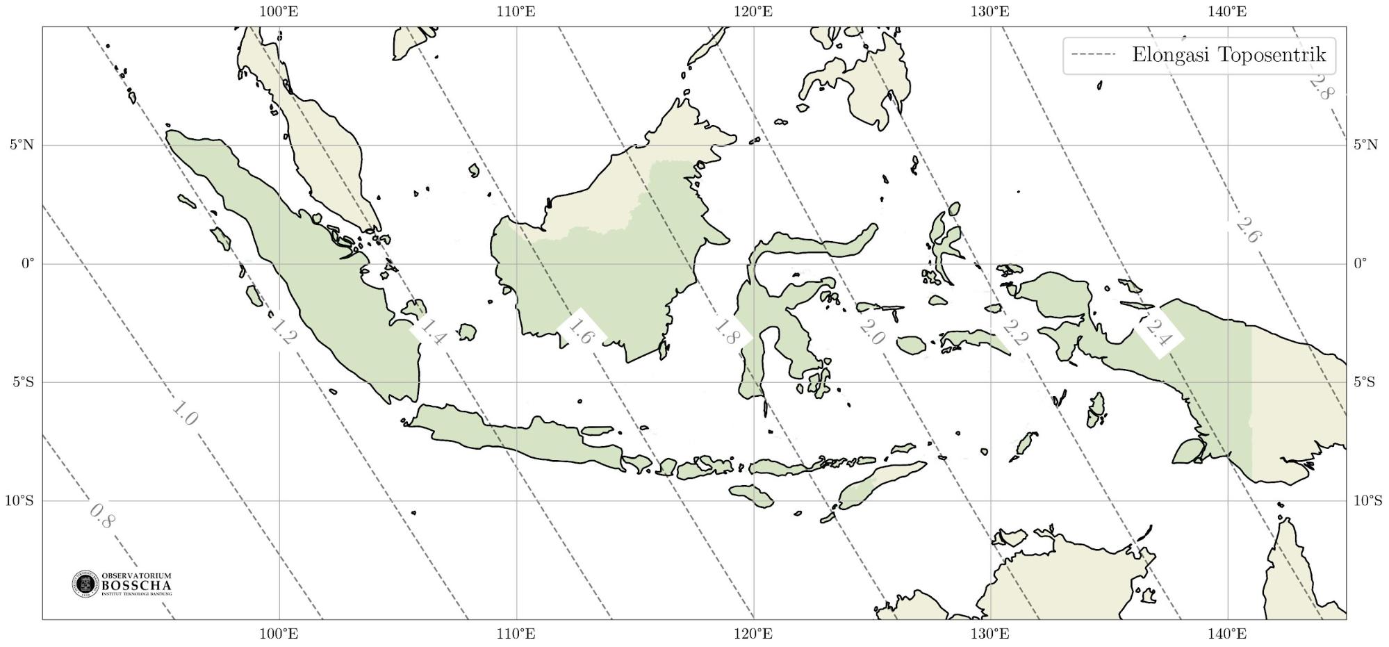 **Gambar 3.** Peta Elongasi toposentrik Bulan dan Matahari saat Matahari terbenam pada Selasa, 17 Februari 2026.