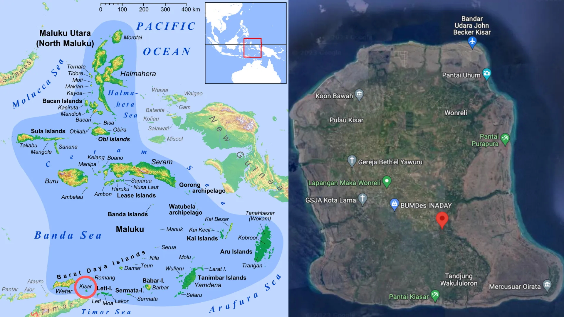 **Gambar 1.** Lokasi Pulau Kisar (lingkaran merah gambar kiri) di Peta Provinsi Maluku.