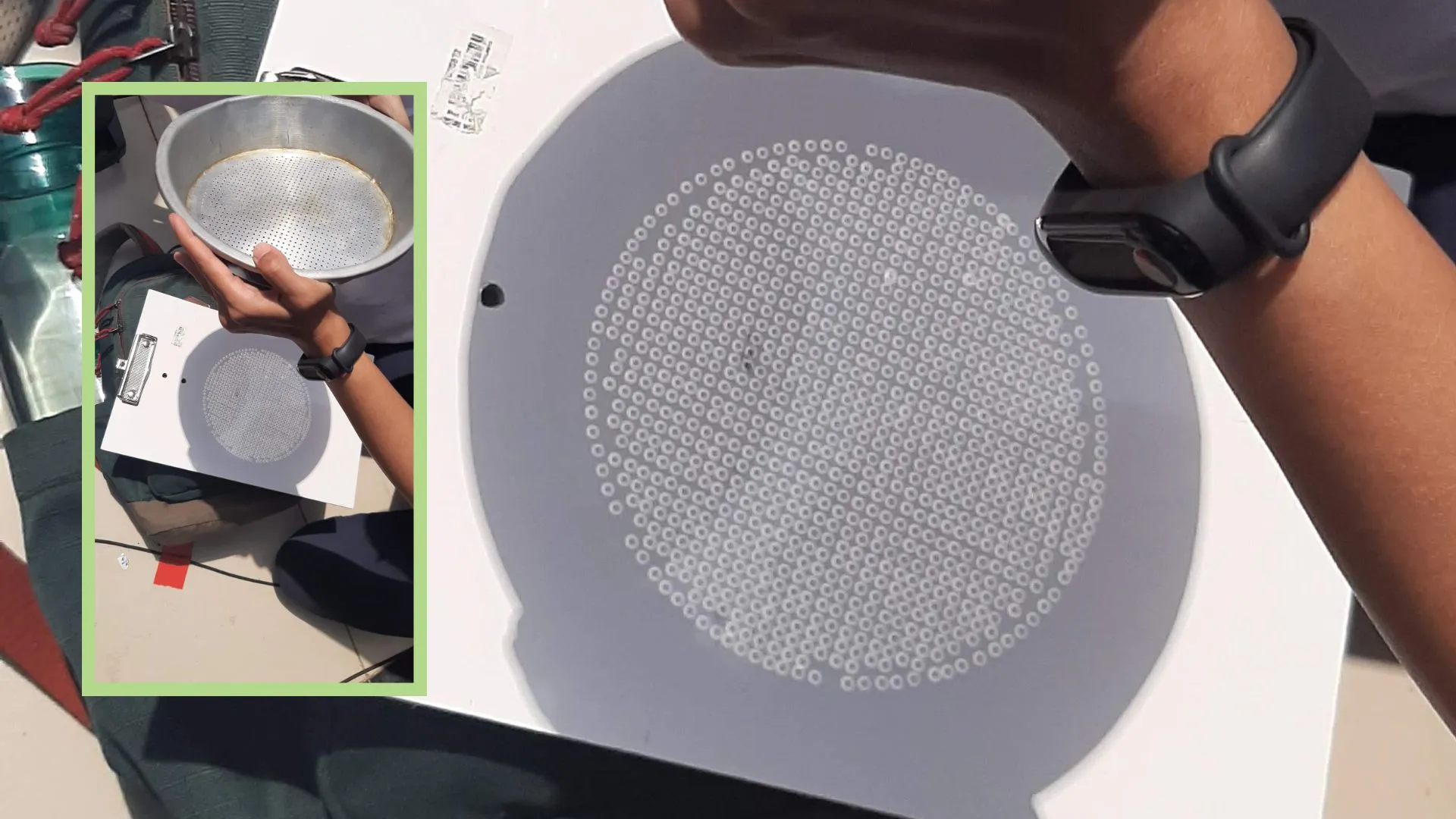 **Gambar 2.** Proyeksi gerhana matahari cincin dengan saringan di atas kertas. Inset: Cara penggunaan saringan untuk proyeksi Matahari. 