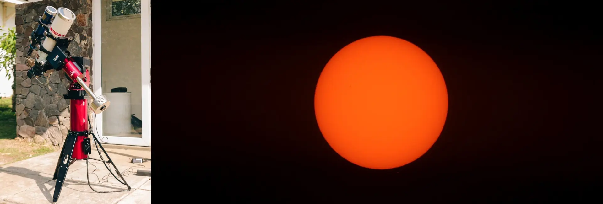 **Gambar 8.** Teknik pengamatan Matahari dengan teleskop yang disertai filter (kiri). Citra Matahari hasil pengamatan (kanan). 